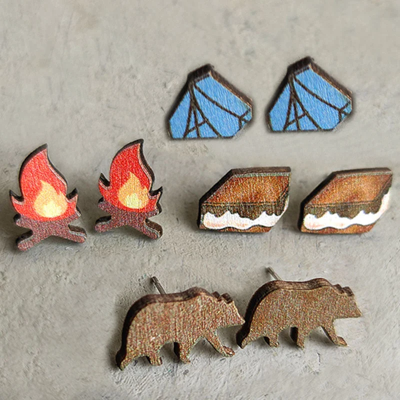 Wholesale 2 Pairs/pack Camping Outdoor Sports Earrings Tent Torch Brown Bear Earrings