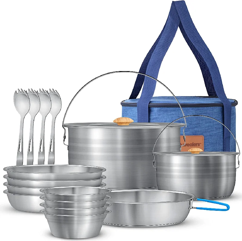 Camping Cookware & Dinnerware Set - 17 Pc Stainless Steel Pots and Pans Set with Plates, Bowls & Sporks in Travel Mesh Bag for Camping, Trekking, Backyard Picnic & Backpacking Gear