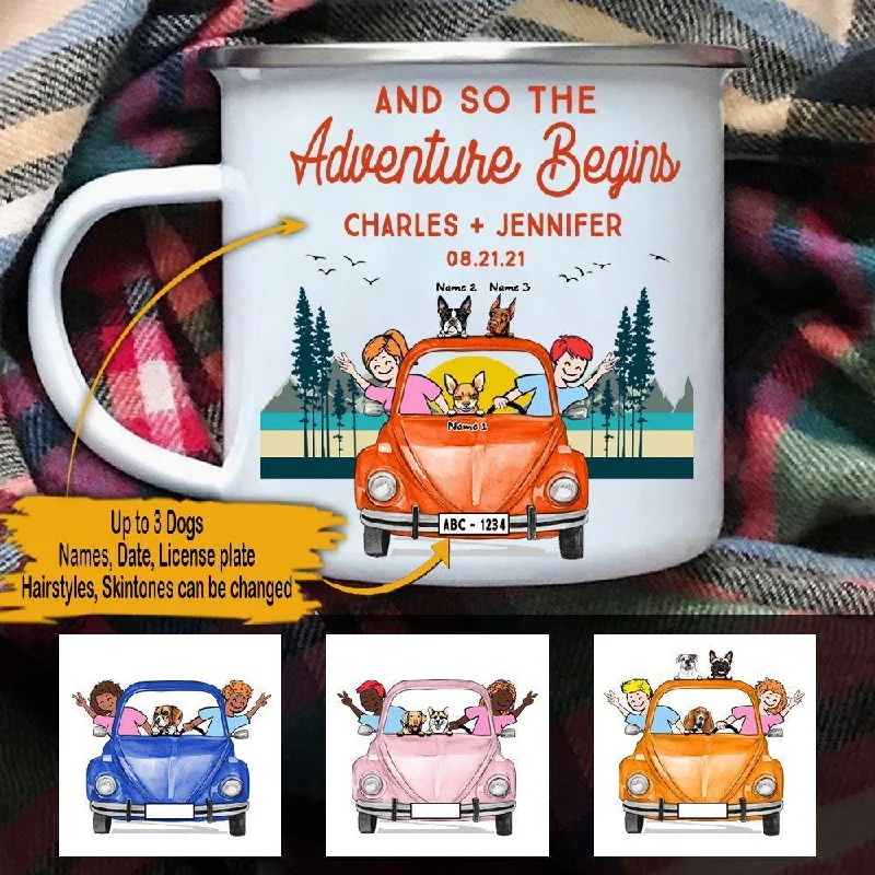 Camping Dogs Couple Bestie Custom Enameled Mug And So The Adventure Begins Personalized Gift