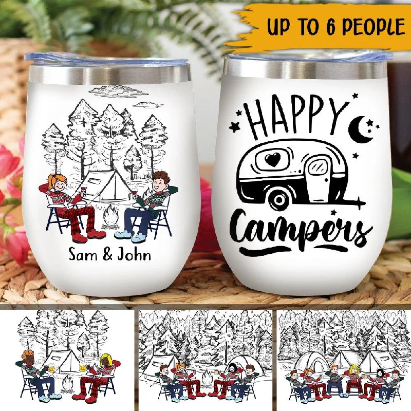 Camping Bestie Couple Team Custom Wine Tumbler Happy Campers Personalized Gift For Friends