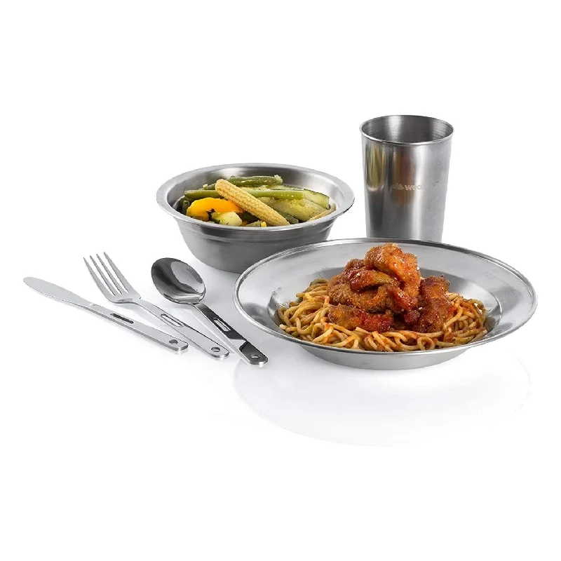 Complete Messware Kit Polished Stainless Steel Dishes Set | Tableware | Dinnerware | Camping | Buffet | Comes in Mesh Bags (4 Person Set)