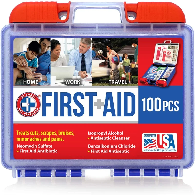 Be Smart Get Prepared 100 Piece First Aid Kit: Clean, Treat, Protect Minor Cuts, Scrapes. Home, Office, Car, School, Business, Travel, Emergency, Survival, Hunting, Outdoor, Camping & Sports