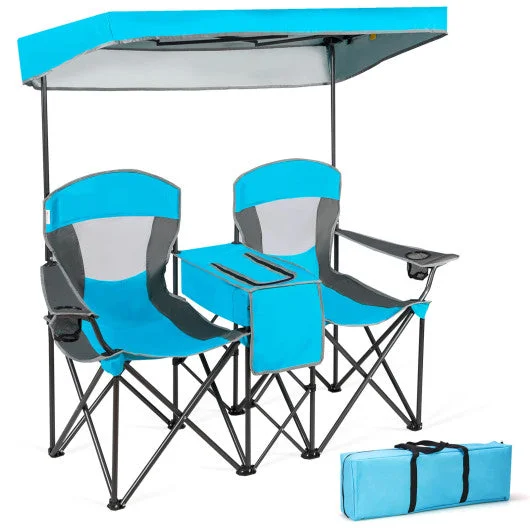 Portable Folding Camping Canopy Chairs with Cup Holder-Blue